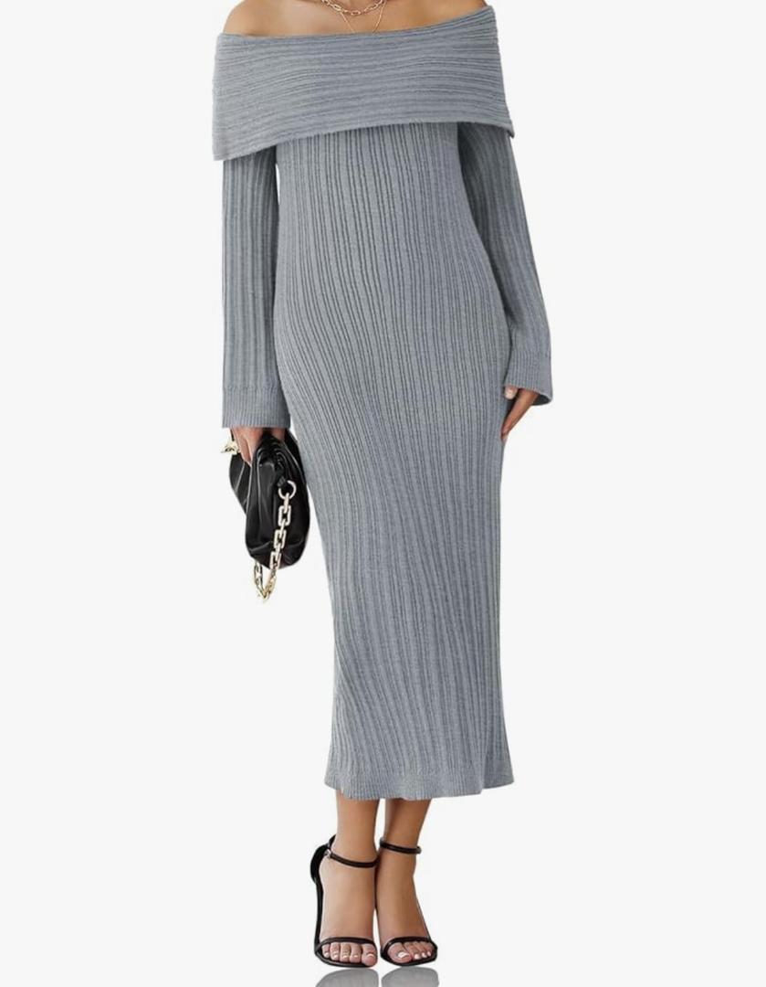 Saodimallsu Womens Off Shoulder Maxi Sweater Dress Long Sleeve Bodycon Sexy Elegant Club Party Knit Dresses, XS