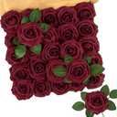 N&T NIETING Artificial Flowers, 25Pcs Fake Flowers Foam Roses with Stems Perfect DIY Wedding Bouquets Centerpieces Bridal Shower Party Mother's Day Home Flower Arrangement Decorations, Dark Red