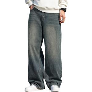 DFGIGT Men's Baggy Hip Hop Jeans Wide Leg Skater Denim Pants Casual Loose Fit Long Trousers Streetwear Straight Relaxed Y2k Classic Vintage Extreme Motion Skateboard Joggers, A14 Retro Blue, Small