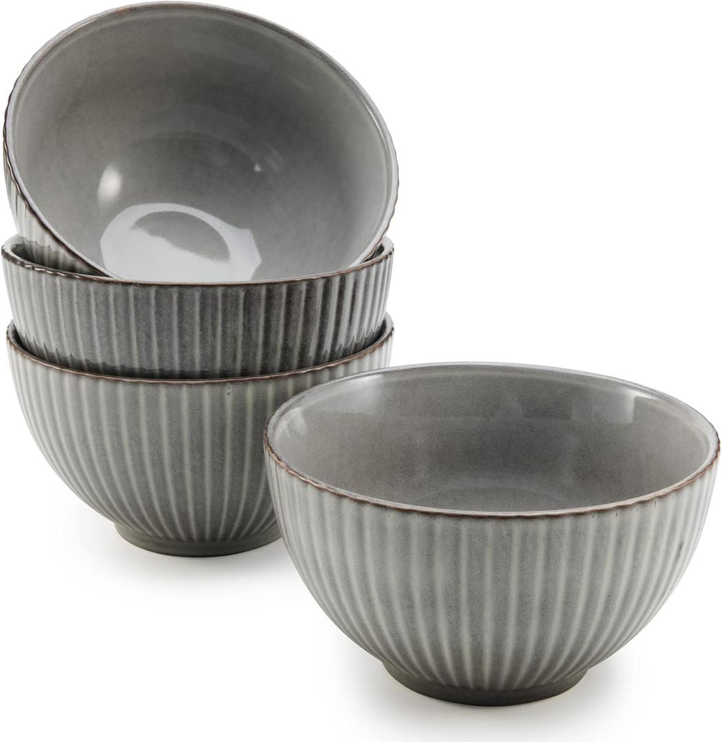 American Atelier Fluted Cereal Bowls | Set of 4 | Stoneware Soup Bowls Set for Kitchen | 22-Ounce Pasta, Ramen, Salad Bowl Set | Reusable, Microwave, and Dishwasher Safe (Gray)