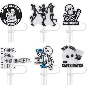 6Pcs Straw Cover for Stanley Cups, 10mm Leak-Proof Straw Caps - Reusable Topper Accessories Compatible with Stanley Tumblers & 10mm Silicone Straws.(Skull) (Style 8)