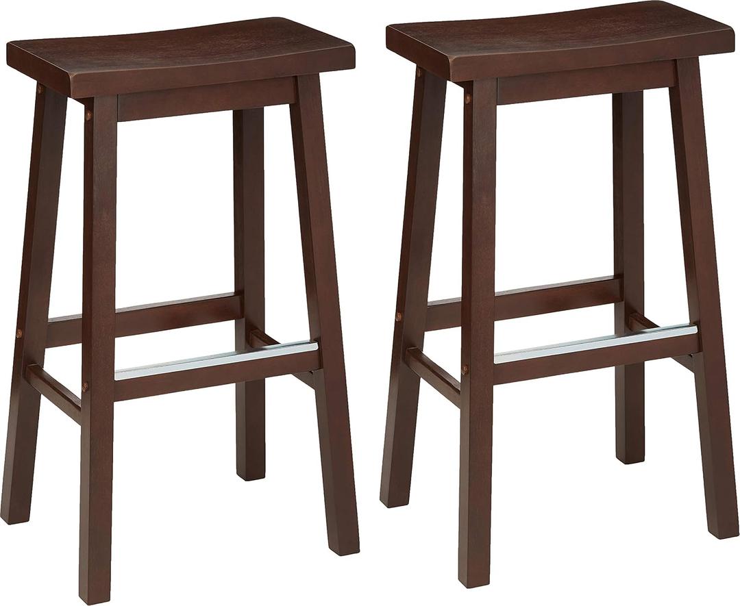 Amazon Basics Solid Wood Saddle-Seat Counter Height Bar Stools for Kitchen Island and Home Bar with Footrest, 29-Inch Height, Walnut, Set of 2