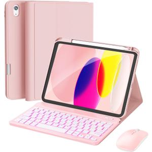 RAYMCRAFT for iPad 11th (A16, 2025) / 10th Generation Case with Keyboard, Mouse and Detachable Wireless Keyboard, 7-Color Backlight, Slim Case with Pencil Holder, Light Pink
