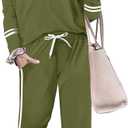 Women 2 Piece Outfits Crew Neck Striped Long Sleeve Casual Sweatsuit Lounge Set Tracksuits Pajama Pullover with Pocket (Large, Army Green)