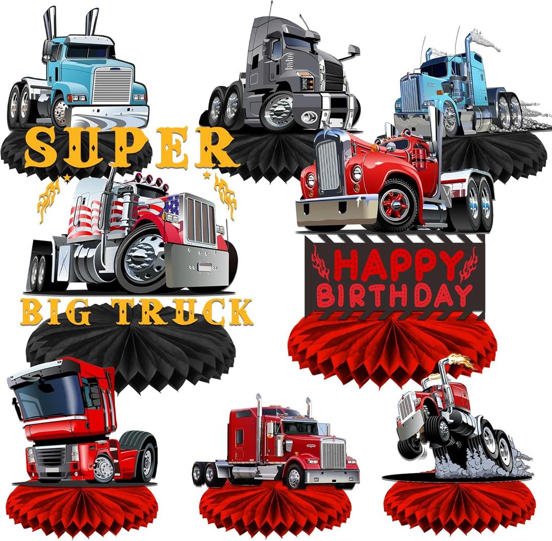 Heavy Trucks Semi Truck Happy Birthday Honeycomb Centerpieces Transportation Theme Decor for Men Boys 1st Birthday Party Supplies Baby Shower Decorations Photo Booth Props Favors