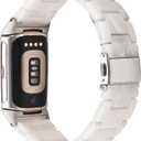 Resin Band Compatible with Fitbit Charge 6/ Fitbit Charge 5, Waterproof & Lightweight Bracelet Wristband Replacement with Stainless Steel Buckle, Fashion Strap for Fitness Tracker Women (Pearl White)