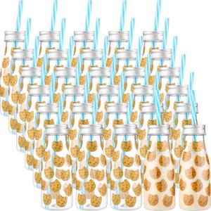 Yungyan 30 Pcs Cookies Themed Plastic Milk Bottles with Straws and Lids Clear 8 oz Mini Juice Bottles with Cap Small Dairy Jar and 450 Cookie Sticker Labels Tiny Drink Container for Birthday Party
