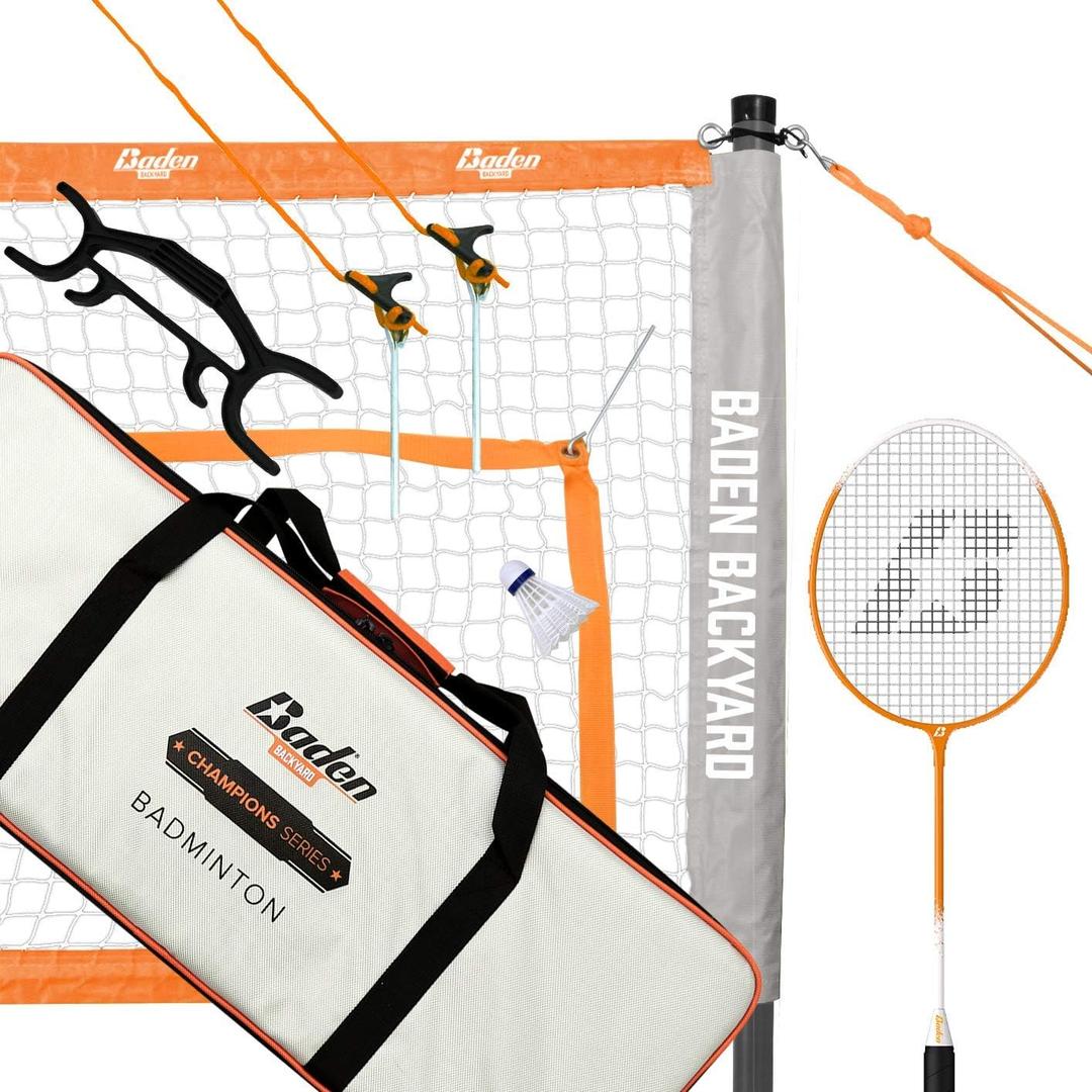 Baden Champions Portable Badminton Set Regulation Net, 4 Racquets, 3 Shuttlecocks, Boundary & Carry Bag Ideal for Backyard Fun with Friends and Family from Kids to Adults, Official Size