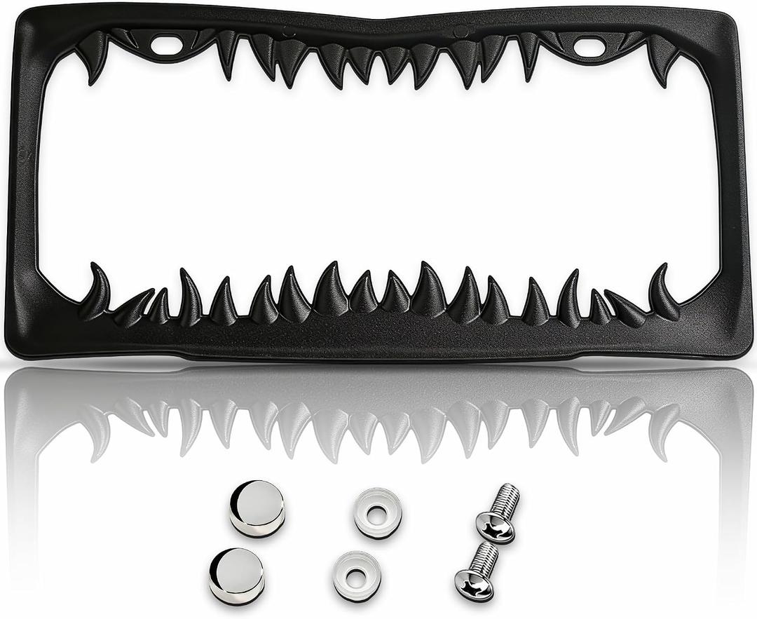 Heavy Duty 3D Goth Black Shark Tooth License Plate Frame with Screw Caps, Street Legal Universal Fit for Cars & Trucks, Premium Rust-Free Zinc Black Shark Tooth License Plate Frame for Men & Women