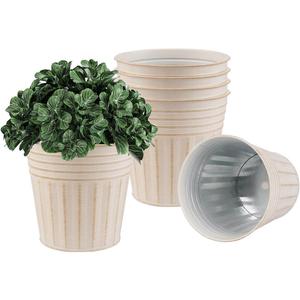 vensovo 5 Inch Beige Metal Rustic Flower Pots - 6Pcs Small Galvanized Planters with Drainage Hole and Rubber Plug, Rustproof Metal Bucket Plant Pots Farmhouse Vintage Style for Decor
