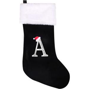 20 Inches Initial Monogram Christmas Stocking Personalized,Deluxe Black Velvet Body with Super Soft Plush Cuff Embroidered Letter,Holiday Season Decor (Black, Letter A)
