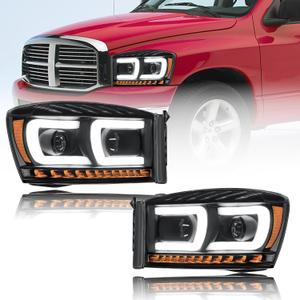 LED DRL Headlights Assembly for 06-08 Dodge Ram 1500 2500 3500 Left and Right Side Replacement Headlamp Amber Reflector Black Housing