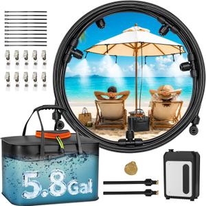 MIXC Portable Misting Systems, Outdoor Water Cooling Misters Set with 5200mAh Water Pump, 5.8GAL/22L Bucket, 36FT(11M) Hose, 8*Adjustable Brass Nozzles for Patio/Umbrella/Golf Cart/Canopy/Camping