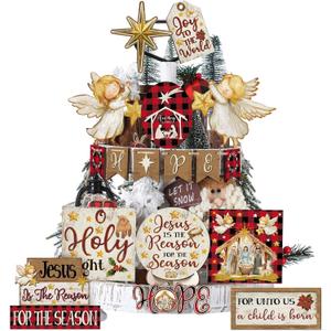 Christmas Tiered Tray Decor Winter Tiered Tray Decorations Set Snowman Snowflake Gnome Truck Wooden Signs Farmhouse Christmas Table Decorations for Home Table Shelf(Nativity Scene)