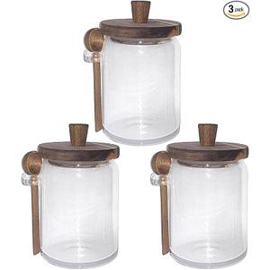 Set of 3 Glass Jars Containers with Wooden Lids and Scoop Clear Canister Jars Set with Spoon for Kitchen Food Storage Coffee Tea Sugar Decorative Countertop Organization Jars 31 oz (3)