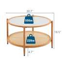 VINGLI 30" Rattan Coffee Table, Round Water-Wave Glass Metal Center Table, Modern Coffee Table with 2-Tier Storage, Farmhouse Circular Coffee Tables for Living Room and Small Space, Natural Vibe