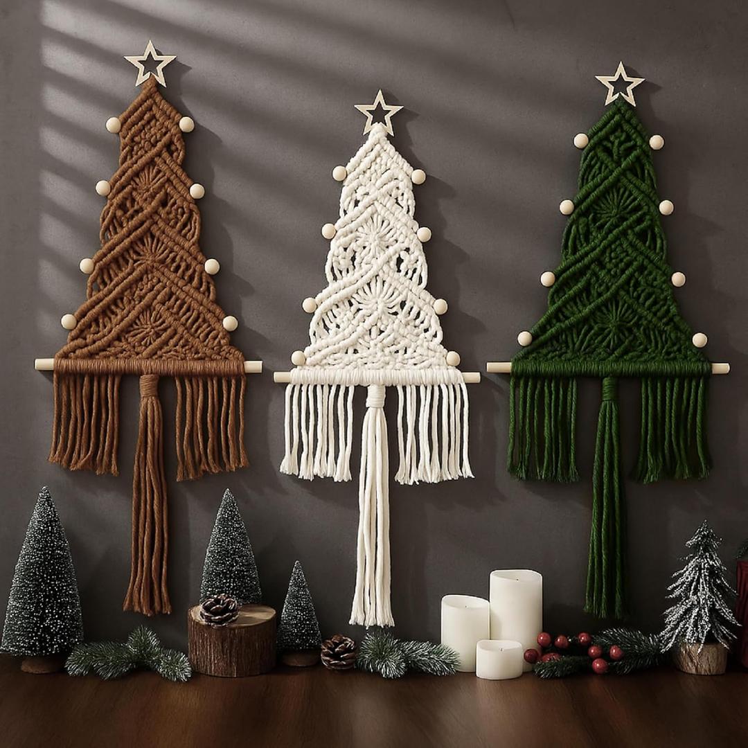 Neutral Christmas Tree 3 Set Macrame Christmas Wall Decoration Hanging Ornaments Boho Wall Decor for Party Supplies(Beige, Brown and Army Green)