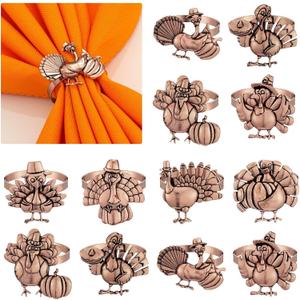 WILLBOND 12 Pcs Thanksgiving Turkey Napkin Ring Vintage Bronze Metal Fall Napkin Ring Holders Turkey Bird Serviette Buckles for Thanksgiving Autumn Halloween Party Table Celebration