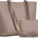 Kattee Leather Tote Bags for Women Shoulder Purses and Handbags Travel Work Bags with Wristlet Wallet 2-in-1 (Khaki)