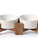 Getstar Ceramic Dog Bowls with Acacia Wood Stand, 30 fl oz, Set of 2, Dog Food Bowl, Cat Bowls (6.5 inches) (Vintage White)