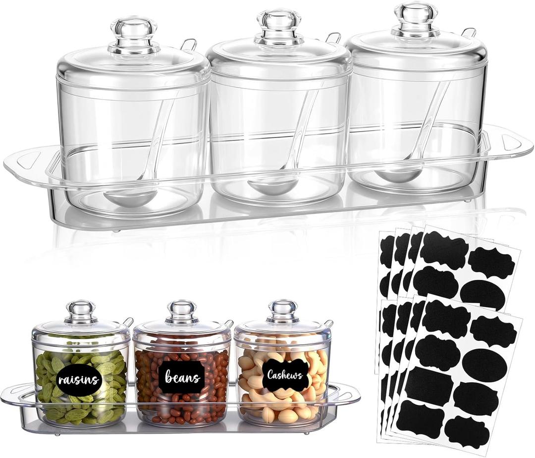 LemonRoad Set of 3 Clear Acrylic Sugar Bowl with Lid and Spoon for Coffee Bar Accessories, 7oz Tea Sugar Coffee Containers Salt Canister Spice Jars, Kitchen Seasoning Box Condiment Pots with Labels