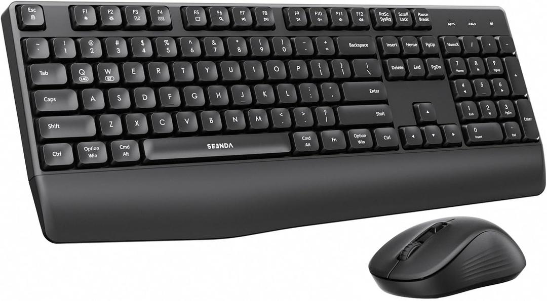 Seenda Wireless Bluetooth Keyboard Mouse Combo, COE200 Ergonomic Keyboard with Wrist Rest, Silent Mouse, Multi-Device Connection, Full-Size Compatible for Windows PC Laptop Mac MacBook, Black