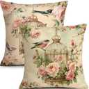 OBSEDE Vintage Throw Pillow Covers Set of 2, 18x18 Inch Pink Rose and Bird Print, French Country Shabby Chic Decorative Pillow Cases for Couch Sofa Bedroom, Spring Farmhouse Decor