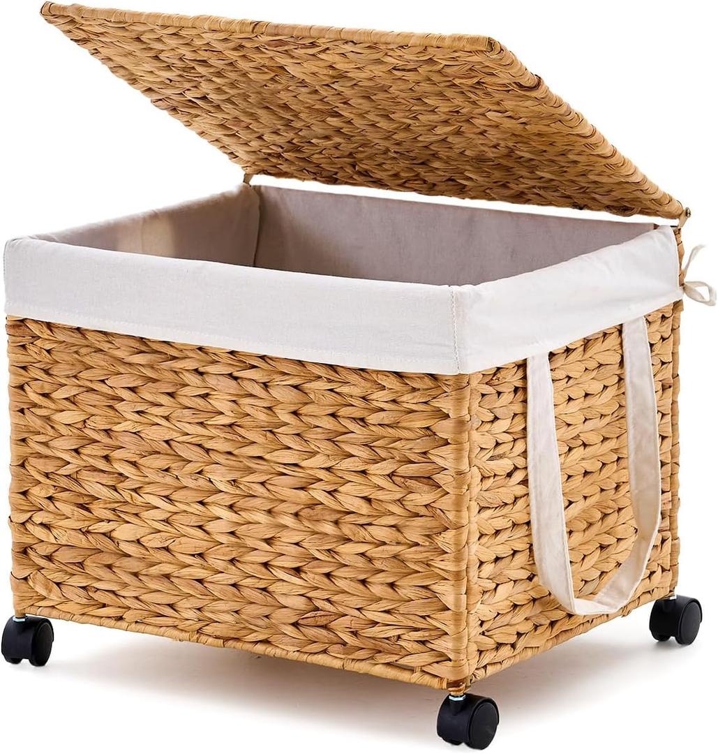 Laundry Hamper with Lid and Wheels Handwoven Water Hyacinth Laundry Basket with Removable Liner Bags & Anti-Slip Pads, Includes 2 Mesh Bags Rolling Laundry Hamper (Natural, 60L)