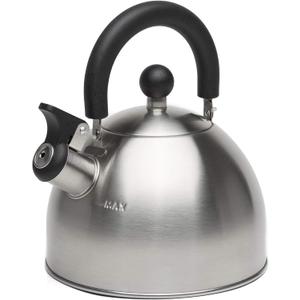 Primula Stewart Whistling Stovetop Tea Kettle Food Grade Stainless Steel, Hot Water Fast to Boil, Cool Touch Folding, 1.5-Quart, Brushed with Black Handle