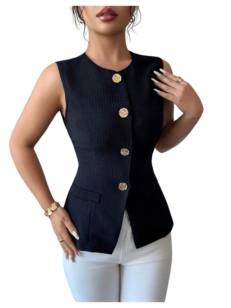 SOLY HUX Women's Summer Button Up Blazer Vest Elegant Crew Neck Sleeveless Business Casual Waistcoat Plain Black Small