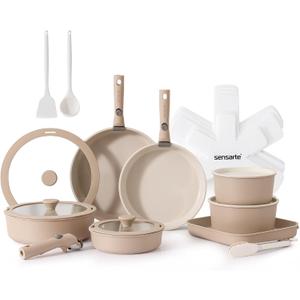 SENSARTE 24 Piece Ceramic Pots and Pans Set, Nonstick Detachable Handle Cookware, Induction Cookware Set with Removable Handle, Healthy Non Stick for RV, DishwasherOven Safe, PFOA Free (Almond Beige), 24 pcs Ceramic Set