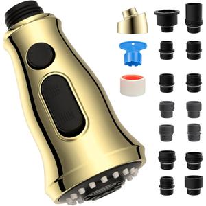 Universal Kitchen Faucet Head Replacement with 15 Adapter Kit Compatible with American Standard/Kohler/Moen/Delta, 3 Function Pull Down Sink Faucet Spray Head, Brushed Gold