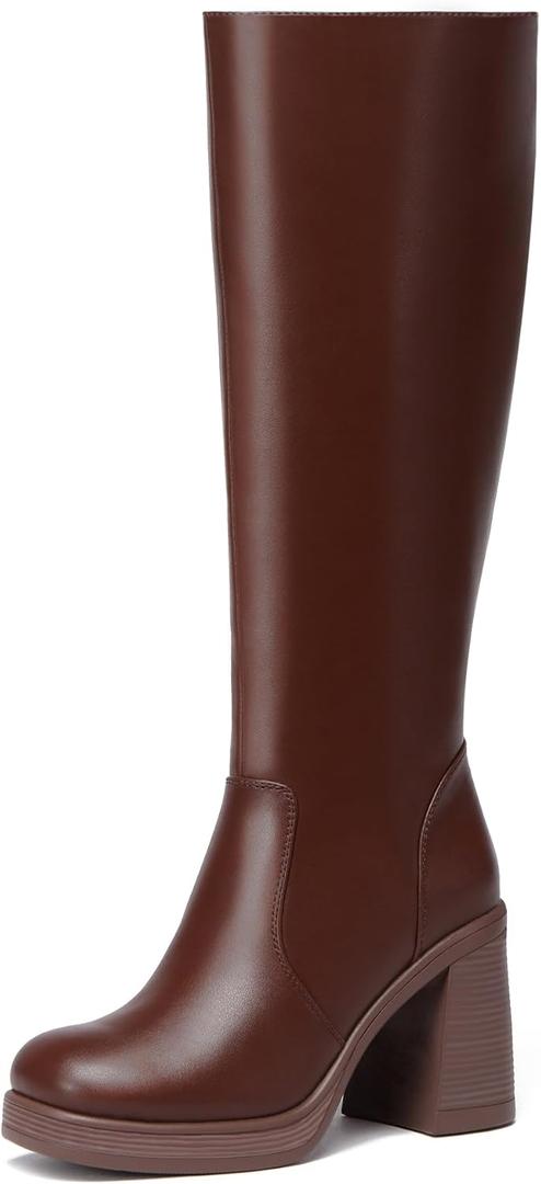 Knee High Boots Women Chunky Heeled Square Toe Boot Platform Tall Long Boots Side Zipper Gogo Boots (7, Brown)