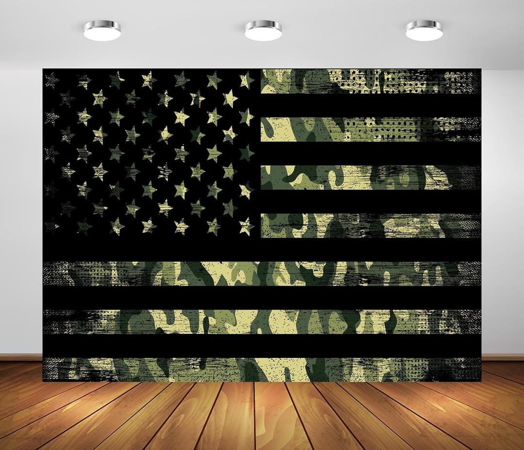 BELECO 7x5ft Fabric American Flag with Camouflage Backdrop Army Soldier Military Camo Backdrop Patriotic Welcome Soldier Army Party Decorations Kids Adults Birthday Shooting Photo Studio Props