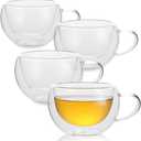 Double Wall Insulated Glass Tea Cups Set of 4, Clear Borosilicate Glass Espresso Shot Cups for Espresso Machine, Teacups Coffee Mugs with Handle for Cappuccino Latte, 7OZ/200ML (Clear)