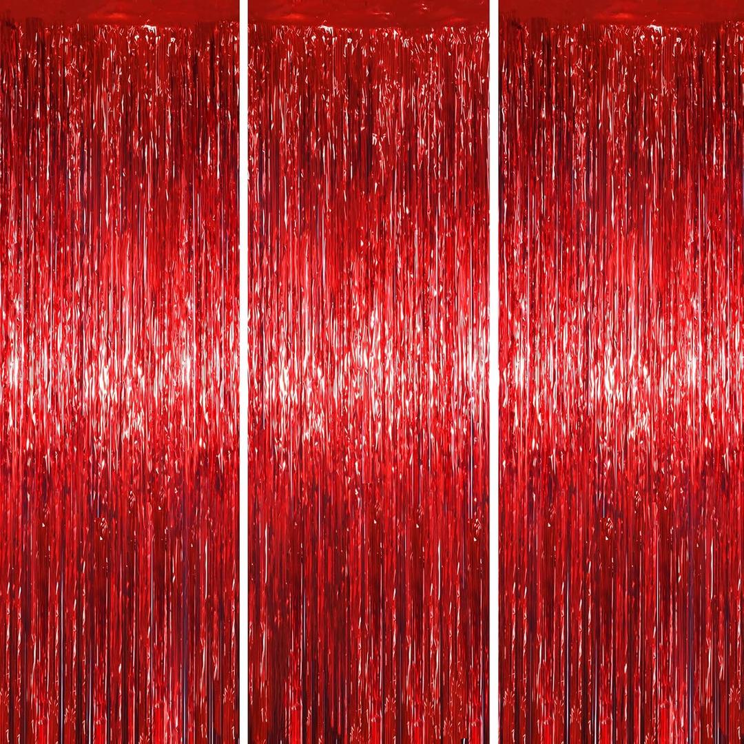 3.3 x 6.6 ft Foil Fringe Backdrop Curtains, Tinsel Streamers Party Decorations, Fringe Backdrop for Birthday, Baby Shower, Gender Reveal, Graduation (3, Red)