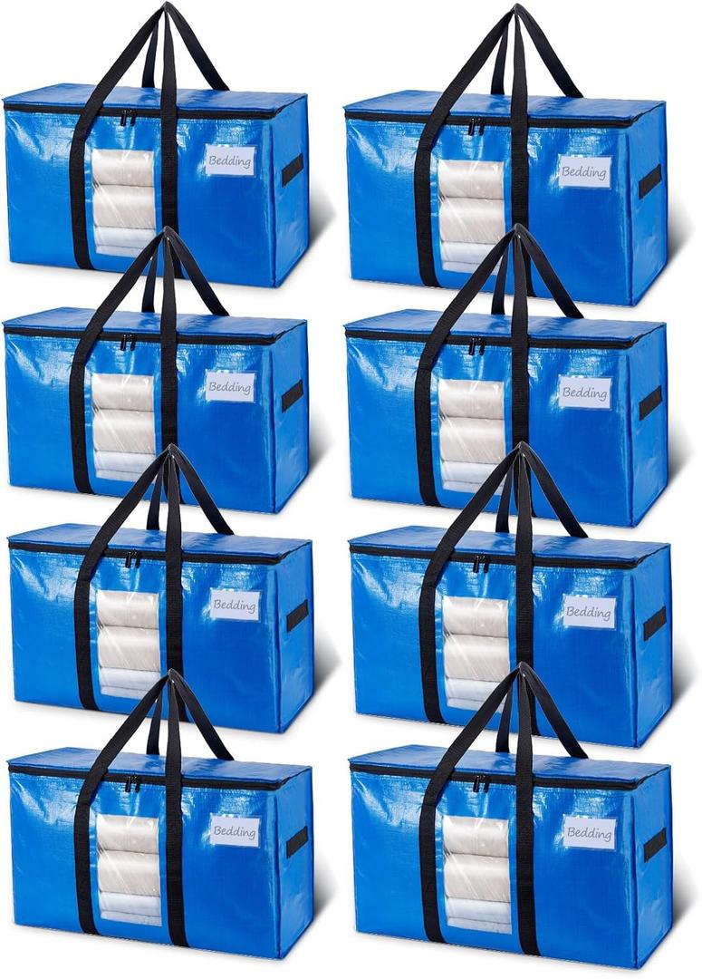 TAILI Extra Large Moving Bags, 8 Pack Blue Heavy Duty Totes For Storage with Visible Window, Wrap Around Handles, Storage Bags for Space Saving, Alternative to Moving Boxes