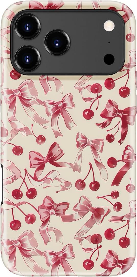 for iPhone 17 Pro Max Case Cute - Wireless Charging Compatible - Dual-Layer Hard Shell + Silicone Cover - Aesthetic Protective Phone Case for Women - Vintage Coquette Bows and Ribbons