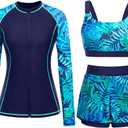 3 Piece Rash Guard for Women - Long Sleeve Swimsuits with Shorts SPF Zip up Swim Shirt with Built in Bra, M