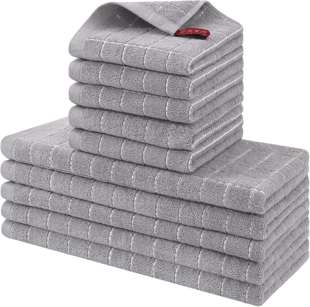 Homaxy Kitchen Towels and Dishcloths Set, Set of 10, Light Grey | Bulk Cotton Terry Kitchen Towels, Checkered Designed, Soft and Super Absorbent Dish Towels, 12 x 12 and 13 x 28 Inches