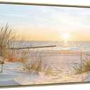 Canvas Framed Wall Art Beach: Ocean Coastal Large Picture Decor Seascape Sunset Scene Painting Sea Seaside Landscape Print Modern Seashore Grass Dunes Artwork for Bedroom Living Room, 57"L x 27"W