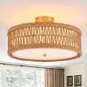 Tunkayli 17.7" Rattan Semi Flush Mount Ceiling Light 3-Light Large Boho Flush Mount Ceiling Light Wicker Gold Chandelier for Kitchen Island, Dining Room, Living Room, Entryway, Bedroom
