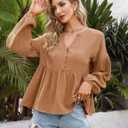 KOJOOIN Babydoll Tops for Women Plus Size T Shirts Peplum V Neck Ruffle Tunic Cute Fall Ladies Tops and Blouses, L Brown