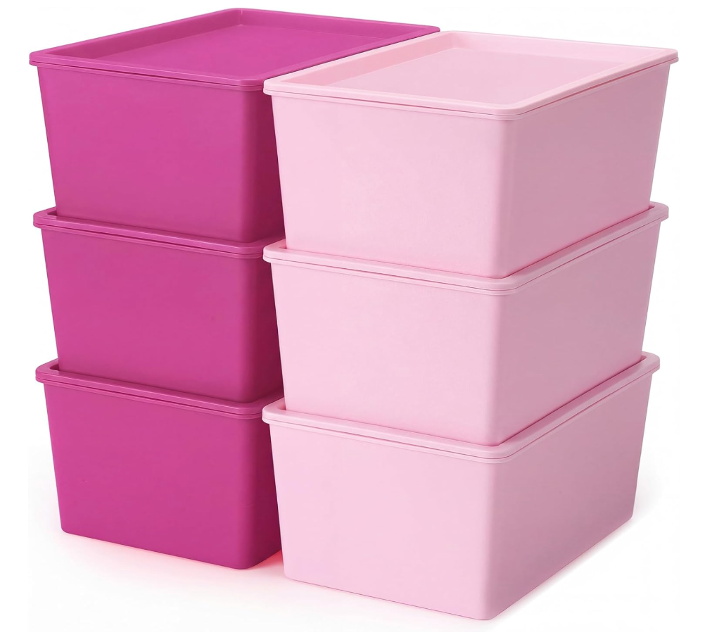 Menkxi 6 Pcs Storage Bins with Lids Small Plastic Storage Containers Stackable Storing Baskets Box Cute Organizer Bins for Organizing Shelves (Pink Series)