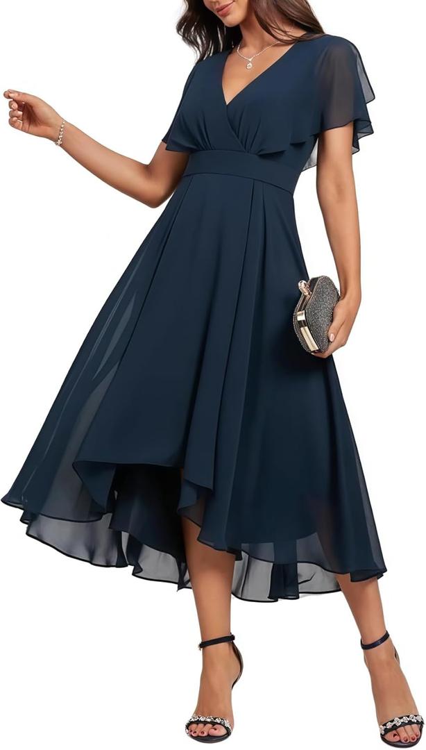 Women's Wrap V Neck Flutter Sleeve Chiffon Cocktail Wedding Guest Dress Layered Ruffle Flowy Midi Party Dress (A-Navy XX-Large)