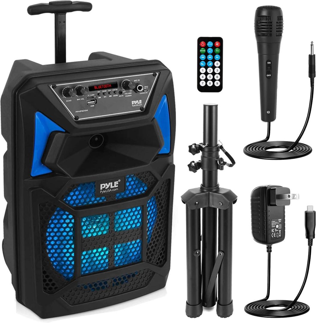 Pyle Bluetooth PA Speaker & Microphone System - Portable Karaoke Speaker with Wired Mic, Built-in LED Party Lights, FM Radio, MP3/USB/Micro SD Readers, Speaker Stand (8 Subwoofer, 400 Watt MAX)