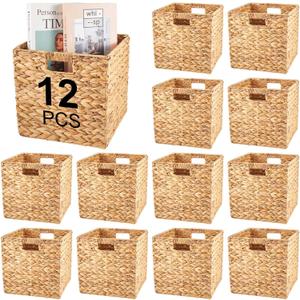 Jinei 12 Pcs Wicker Storage Basket Bulk Handwoven Water Hyacinth Cube Bin with Handles Woven Laundry for Organizer Shelves(10 x 10 x 10 Inch,Wood Color)