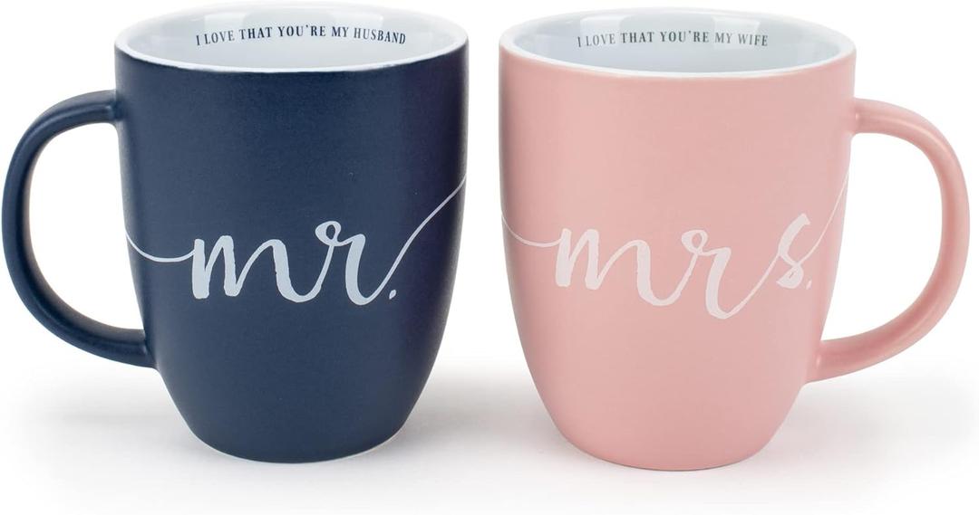 Lighthouse Christian Products Mr and Mrs Blue and Pink 13 ounce Ceramic Coffee Mugs Set of 2