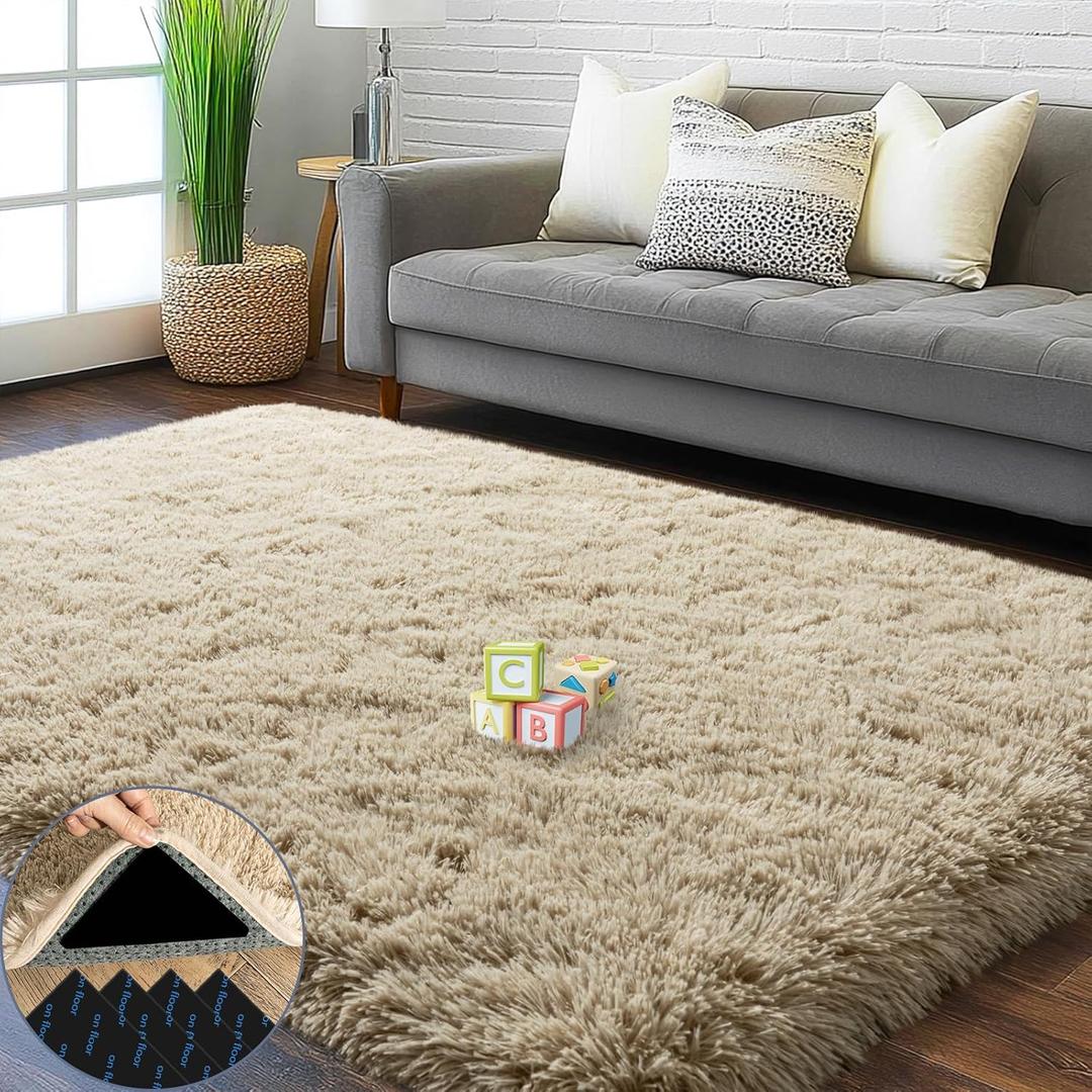 Area Rug for Bedroom, Soft Rugs for Living Room, Nursery Kids Room, Dorm Home Decor Aesthetic, Fluffy Shaggy Rug with 4 Anti-Slip Carpet Tapes, Light Tan, 4x6 