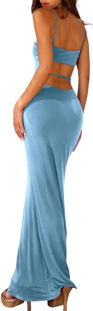 XinFSh Women's Long Bodycon Dresses Sleeveless Elegant Maxi Dress Spaghetti Strap Formal Party Wedding Guest Dress (Medium, Blue)